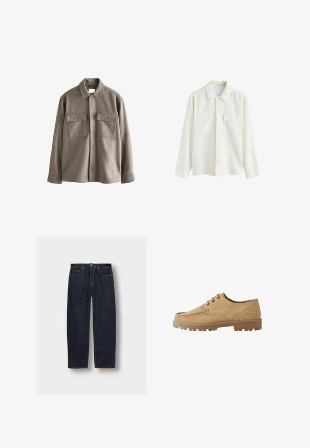 Cămașă cu nasturi din lână moale, de culoare maro deschis, cu mâneci lungi, două buzunare pe piept și un guler clasic. Textură netedă cu o croială ușor relaxată.; Cămașă crem din material texturat, cu guler, două buzunare la piept și mâneci lungi cu manșete cu nasturi.; Blugi din denim de culoare albastru închis, cu croială largă, cinci buzunare și cusături în contrast. Prezintă un sistem de închidere cu nasture și fermoar. Textură netedă.; Pantof tan din suede, cu șireturi, vârf rotund, cusături contrastante și o talpă groasă din cauciuc, având un model cu zgârieturi pentru tracțiune.