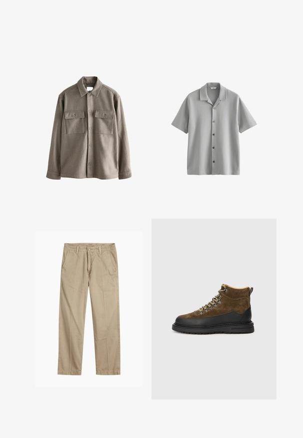 Koszula zapinana na guziki w miękkiej, stonowanej brązowej wełnie z długimi rękawami, dwiema kieszeniami na piersi i klasycznym kołnierzykiem. Gładka tekstura z lekko luźnym krojem.; Next - Koszula; Beżowe chinosy o prostym kroju z pętlami na pasek, przednim zapięciem na guzik i zamek błyskawiczny oraz skośnymi kieszeniami z przodu.; Brązowy zamszowy but trekkingowy z czarną gumową podeszwą, okrągłym noskiem i zielonymi sznurowadłami. Posiada wyściełany kołnierz oraz pętelkę do łatwego zakładania.