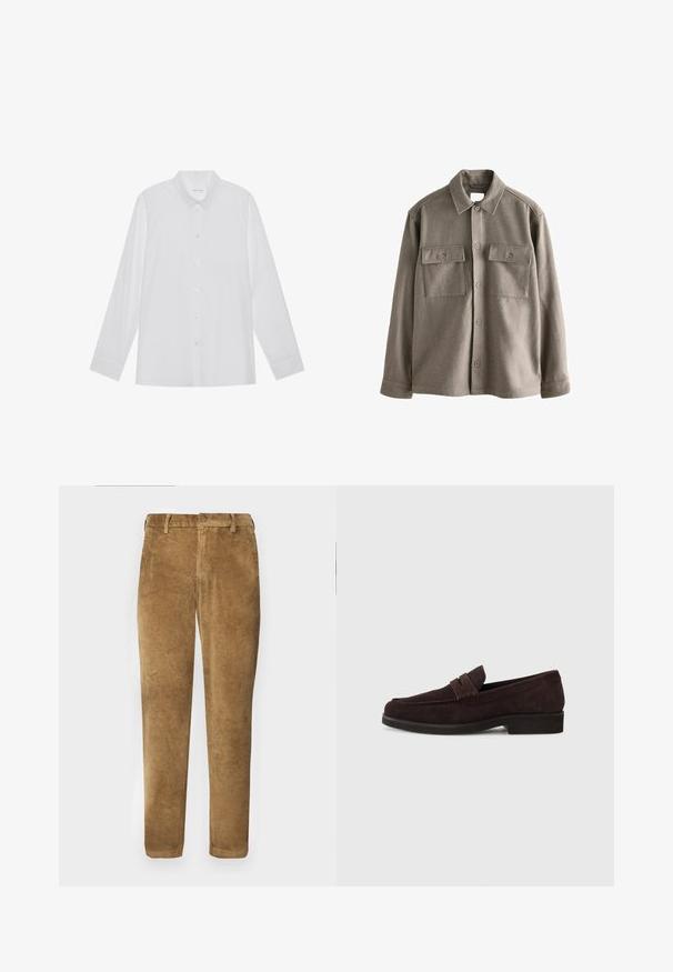 Knopenhemd in zacht, gedempt bruin wol met lange mouwen, twee borstzakken en een klassieke kraag. Soepele textuur met een iets ontspannen pasvorm.; Witte blouse met lange mouwen van soepel stof, met een puntige kraag, voorkant met knoopsluiting en manchetten met één knoop.; Bruine corduroybroek met verticale ribbeltextuur, rechte snit, knoopsluiting en riemlussen. Gladde stof met een zachte afwerking.; Bruine suède loafers met een lage profiel en ronde neus. Heeft een decoratieve band over de bovenkant, een platte rubberen zool en geen zichtbare stiksels.
