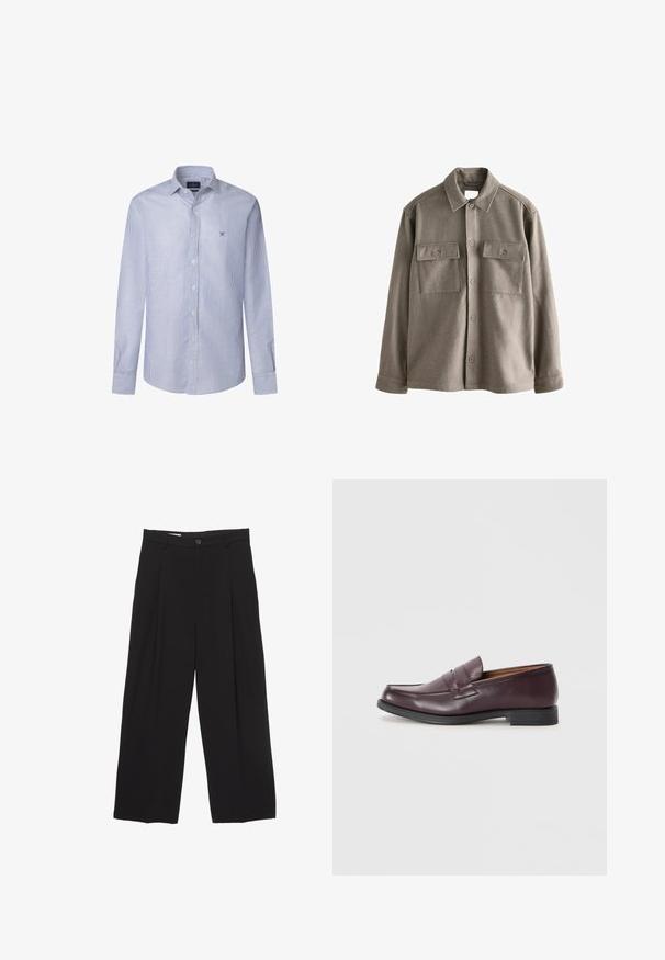 Košeľa s gombíkmi v mäkkej, tlmenej hnedej vlne s dlhými rukávmi, dvoma náprsnými vreckami a klasickým golierom. Hladká textúra s mierne uvoľneným strihom.; Pruhovaná košela s dlhými rukávmi v svetlomodrej a bielej farbe z bavlny, s golierom na gombíky a malým vyšívaným logom na hrudi.; Čierne široké nohavice vyrobené z hladkej tkaniny, s plochým pásom, prednými záhybmi a jedným zapínaním na gombík.; Burgundské kožené mokasíny s zaoblenou špičkou, jemnými šitými detailmi a nízkou čiernou podrážkou. Klasický dizajn s minimálnym zdobením.