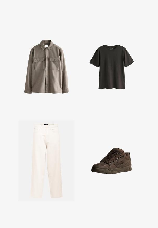 Košilové triko v jemné, tlumené hnědé vlně, s dlouhými rukávy, dvěma náprsními kapsami a klasickým límcem. Hladká textura s mírně uvolněným střihem.; tmavě šedé tričko s krátkým rukávem vyrobené z bavlny. Má kulatý výstřih a volný střih, s hladkou texturou a bez viditelných vzorů.; Světle béžové džínové kalhoty širokého střihu z bavlněného denimu s vysokým pasem, pěti kapsami a jedním předním knoflíkem.; Hnědé sportovní boty vyrobené z hladkého syntetického materiálu. Mají silné šňůrky, síťované detaily, polstrovaný límec a texturovanou gumovou podrážku.