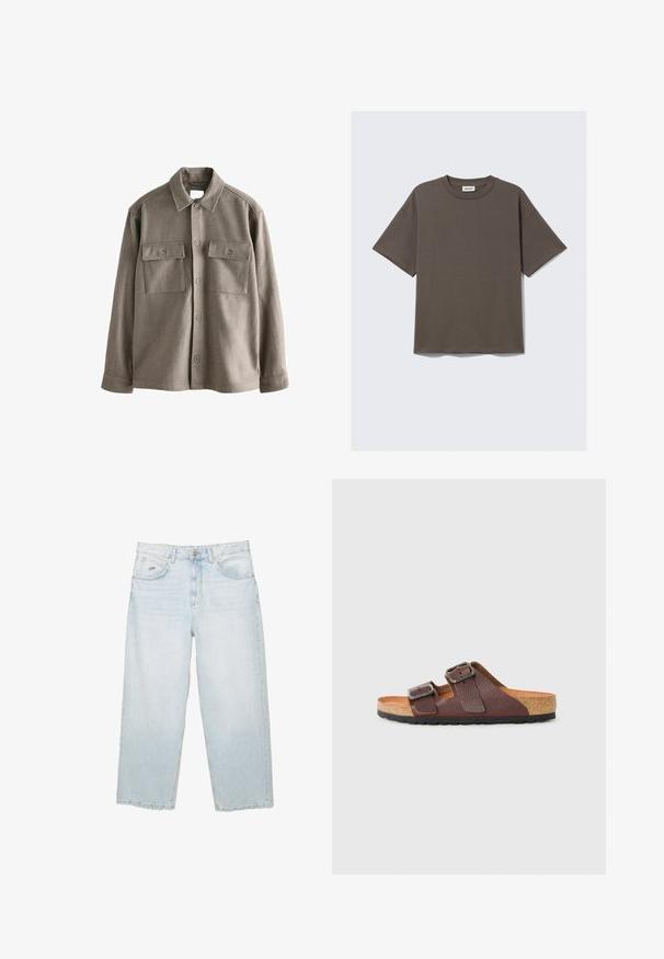 Napapaita pehmeä, hillitty ruskea villa, jossa on pitkät hihat, kaksi rintataskua ja klassinen kaulus. Silkkinen tekstuuri, jossa on hieman rento leikkaus.; T-dark green t-paita, jossa on pyöreä kaula-aukko, lyhyet hihat ja rento leikkaus. Paidassa on etiketti, jossa lukee "WEEKDAY."; Vaaleansiniset korkeavyötäröiset suorat farkut, joissa on etunappi, taskut ja pieni merkkimetallitunnus oikeassa etutaskussa.; Ruskea nahkasandaali, jossa on kaksi säädettävää solkea, korkkipohja, pehmeä vaalea sisäpohja ja musta kumipohja, esitetty sivuprofiilissa.