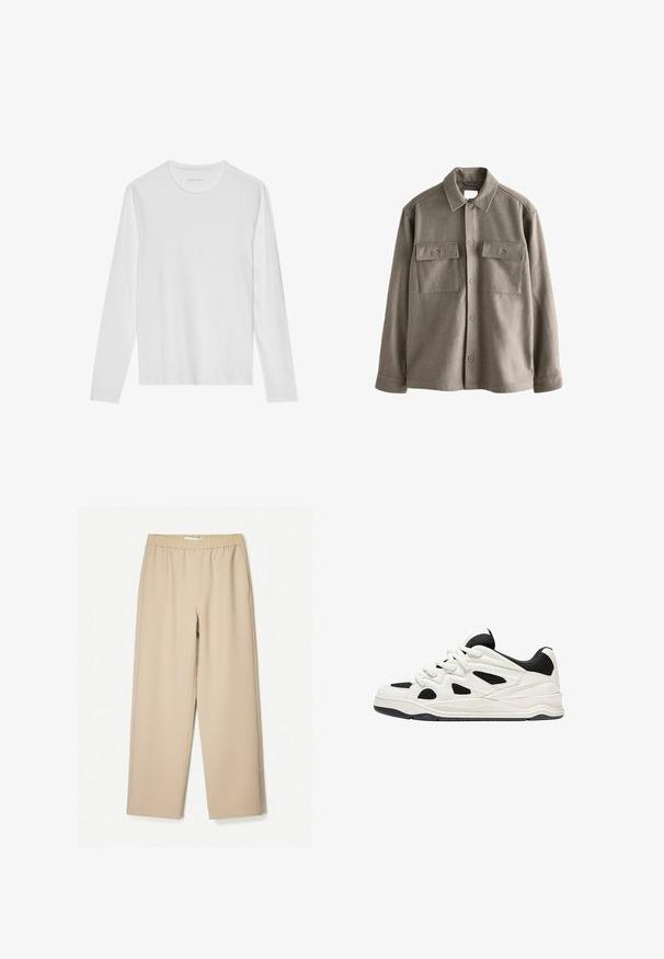 Button-up Hemd aus weichem, gedämpftem braunem Wollstoff mit langen Ärmeln, zwei Brusttaschen und einem klassischen Kragen. Glatte Textur mit leicht entspannter Passform.; Langärmliges weißes T-Shirt aus weicher Stoff, mit rundem Ausschnitt und schlichter Gestaltung ohne sichtbare Muster oder Akzente.; Beige Weite-Hose mit einem elastischen Bund, aus weichem Stoff gefertigt, mit glatter Textur und minimalen Nähten.; Weiß-schwarze Sportschuhe mit einer strukturierten Sohle, die auf der Seite ausgeschnittene Designs und Schnürsenkel aufweisen, sowie eine gepolsterte Ferse für Unterstützung.