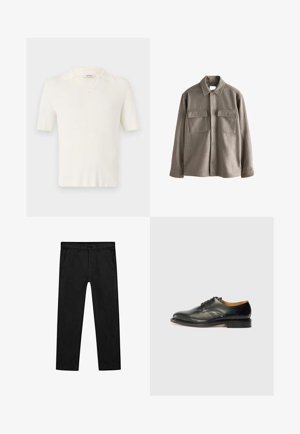 Knopenhemd in zacht, gedempt bruin wol met lange mouwen, twee borstzakken en een klassieke kraag. Soepele textuur met een iets ontspannen pasvorm.; Korte mouwen, V-hals pullover in crème, met ribbelstructuur, een zachte kraagontwerp en een getailleerde pasvorm.; Zwarte katoenen broek met een rechte pijp, voorzakken en een klassieke knoopsluiting met een ritssluiting. Soepele textuur, nauwsluitende pasvorm.; Zwarte leren nette schoen met een gladde afwerking, ronde neus en minimale veters. Beschikt over een subtiel ontwerp en een lage, stevige rubberen zool.