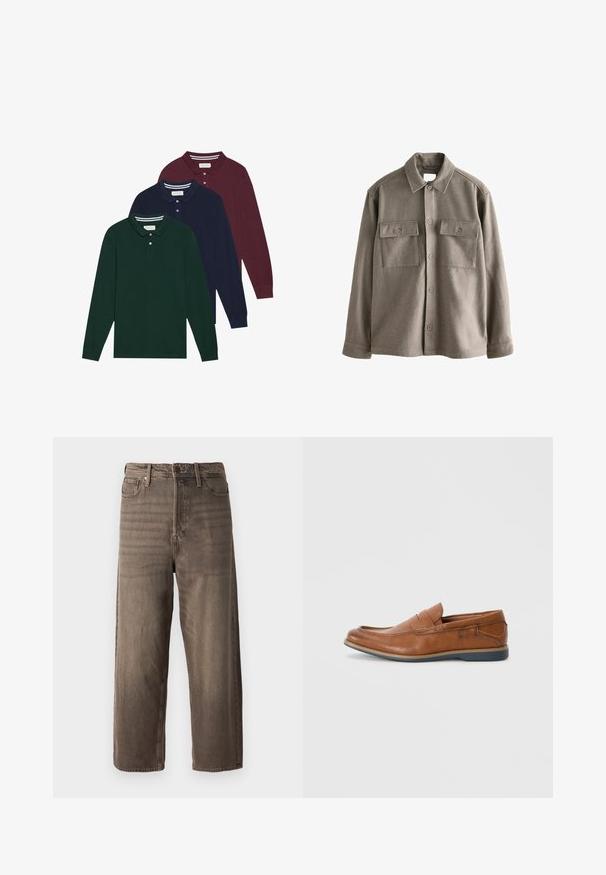 Klasikinės apykaklės priekinė mygtukų užsegimo marškiniai, pagaminti iš minkštos, neryškios rudos vilnos, su ilgomis rankovėmis ir dviem krūtinės kišenėmis. Lygus paviršius, šiek tiek laisvesnis kirpimas.; Trys ilgomis rankovėmis polo marškiniai tamsiai žalia, tamsiai mėlyna ir bordo spalvų, su klasikiniu apykakle ir mygtukais. Minkšta, tekstūruota medžiaga.; Rudos platūs džinsai, pagaminti iš džinsinio audinio. Yra užtrauktukas, diržo kilpos ir penki kišenės. Audinys atrodo išblukęs, su tekstūrine išvaizda.; Rudoni odiniai loaf'eriai su apvalia nosimi, siuvinėtomis detalėmis ir žema guminėmis pakulne. Dizainas turi juostą per viršutinę dalį.