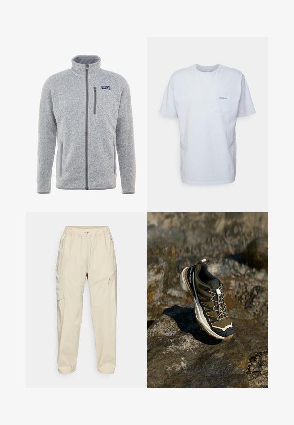 Gray fleece jacket with a high collar, full zipper, side pockets, and a chest pocket. Features textured fabric and contrasting accents.; White cotton t-shirt with short sleeves, round neck, and a left chest pocket featuring a blue "Patagonia" logo. Classic fit with a smooth texture.; Beige lightweight cargo pants with an elastic waistband, zippered side pockets, and a tapered leg design for a relaxed fit.; Hiking shoe in olive green and black with pink accents. Features a textured upper, flexible sole, reinforced toe cap, and colorful lacing system.