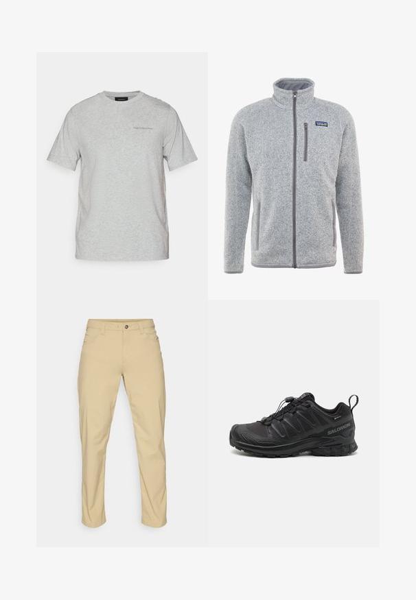 Gray fleece jacket with a high collar, full zipper, side pockets, and a chest pocket. Features textured fabric and contrasting accents.; Light grey short-sleeve crew neck t-shirt with subtle "Peak Performance" logo on the left chest.; Patagonia QUANDARY PANTS - Outdoor trousers - classic tan; Black athletic shoe with a textured synthetic upper, cushioned sole, and a quick-lacing system. Features a reinforced toe and heel.
