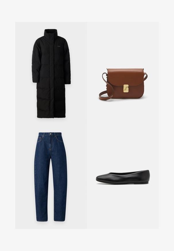 Cappotto lungo nero in piuma con colletto alto, pannelli cuciti e silhouette dritta. Presenta una zip frontale e tasche laterali.; Pullover cropped beige chiaro con collo alto con zip, caratterizzato da un motivo testurizzato e polsini e orlo a coste. Combina materiali a maglia e tessuti.; Jeans in denim blu scuro con vita alta, design a gamba dritta, cuciture a contrasto e cinque tasche. Chiusura con bottone e zip argentati.; Paul Smith TOPANGA - Ballerine - black; Borsa a tracolla in pelle marrone con chiusura a pattina, hardware color oro, tracolla e una finitura liscia. Forma rettangolare compatta.