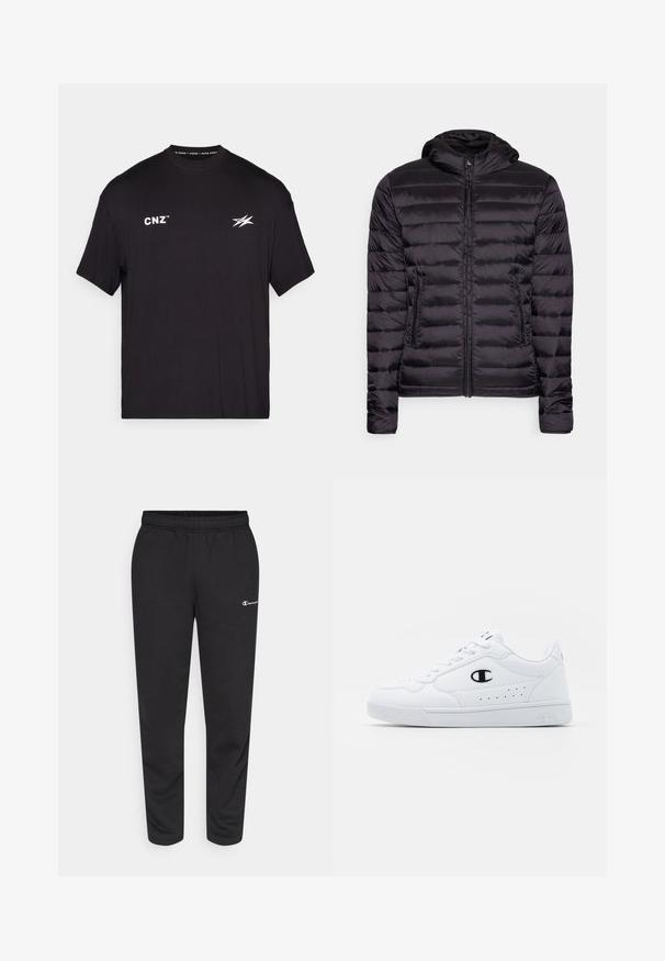 Černá lehká péřová bunda s kapucí, vybavená zipovým uzávěrem a horizontálním švem. Hladký povrch, dvě boční kapsy.; Černé tričko s krátkým rukávem vyrobené z bavlny. Na přední straně má bílé písmo "CNZ" a stylizované logo. Jednoduchý design s kulatým výstřihem.; Černé tepláky vyrobené z bavlněné směsi, s elastickým pasem a malým bílým logem na levé straně. Design se zúženými nohavicemi.; Bílé sportovní tenisky s hladkým syntetickým svrškem, černým logem a perforovanými detaily po stranách. Gumová podrážka.
