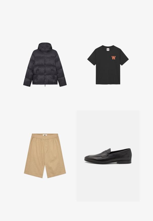Puffermantel aus schwarzem Nylon, mit Kapuze, Reißverschluss und zwei Fronttaschen, verfügt über ein gestepptes Muster und eine strukturierten, gepolsterten Oberfläche.; Schwarzes Baumwoll-T-Shirt mit kurzen Ärmeln, Rundhalsausschnitt und einem orangefarbenen "W"-Logo auf der linken Brust. Weiche, glatte Textur.; Beige Baumwollshorts mit einem elastischen Bund, zwei Seitentaschen und einer lockeren Passform. Der Stoff hat eine subtile Textur.; Schwarze Leder-Herrenloafer mit niedrigem Absatz und klassischem Penny-Riemen-Design, seitlich auf einem weißen Hintergrund dargestellt.