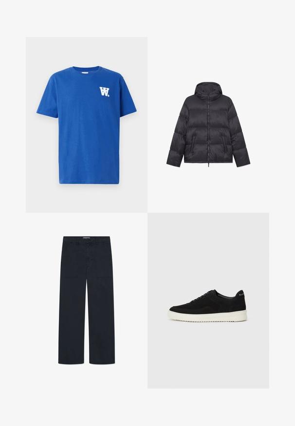 Puhasta jakna iz črnega najlona, z kapuco, zadrgo in dvema sprednjima žepoma z pikčastim vzorcem ter teksturirano, oblazinjeno površino.; Modra bombažna majica s kratkimi rokavi in okroglo ovratnikom, z belim logotipom na levi strani prsnega koša. Mehka tekstura in standardna prileganje.; DOUBLE A BY W.W. HEINO - Široke kavbojke - salute; Črni semiš teniški copati z vezalkami in kontrastnim belim gumijastim podplatom. Imajo teksturirane stranske panele in subtilno oznako na peti.