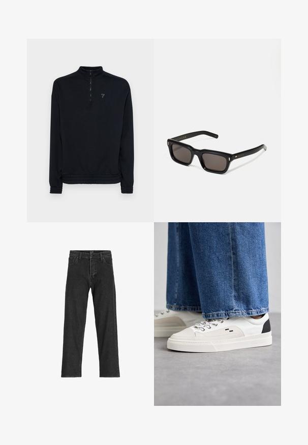Černá kožená motorkářská bunda s klasickým límcem, diagonálním předním zipem, stříbrnými detaily a bočními kapsami na zip. Hladká textura.; Černá zipová mikina s vysokým límcem, elastickými manžetami a spodním lemem. Obsahuje diskrétní logo na hrudi. Měkký, strukturovaný materiál.; Černé džíny s rovnými nohavicemi, s zipem na přední části, poutky na pásek a šesti kapsami, vyrobené z odolné bavlněné směsi.; Bílé a černé tenisky s hladkým koženým svrškem, texturovanými akcenty a robustní bílou podešví. Mají klasický design se šněrováním.; Černé obdélníkové sluneční brýle s tmavými skly, silným plastovým rámem, zlatými akcenty na spáncích a vyrytým logem značky na nožičce.