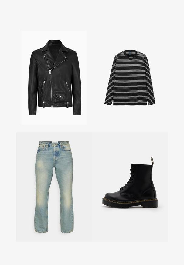 Čierna kožená motorkárska bunda s klasickým golierom, diagonálnym predným zipsom, striebornými kovovými doplnkami a zipsovými bočnými vreckami. Hladká textura.; Tričko s dlhým rukávom v čiernobielych pruhoch, vyrobené z mäkkého bavlneného materiálu. Má okrúhly výstrih a kontrastný čierny rebrovaný golier.; Samsøe Samsøe EDDIE - Džínsy s rovným strihom - grime; Čierne kožené členkové čižmy s šnurovaním vpredu, žltým prešívaním, okrúhlou špičkou a hrubou, textúrovanou gumovou podrážkou.