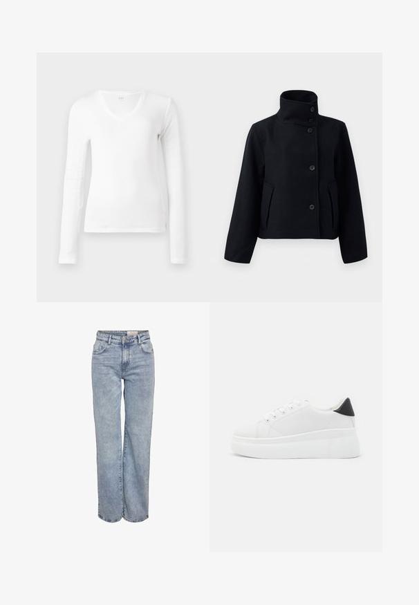 Sort uldjakke med høj krave, der har dobbeltknaplukning, to sidelommer og en skræddersyet silhuet.; Simpelt hvidt langærmet skjorte med V-hals, slim fit, vist fladt mod en hvid baggrund.; Lyseblå vidde jeans lavet af denim, med høj talje, fem-lomme design og subtil falmning for et slidt look.; Hvide platform sneakers lavet af glat syntetisk materiale, med en afrundet tå, snørebåndsdesign og en struktureret gummisål. Sorte hæl akcent.