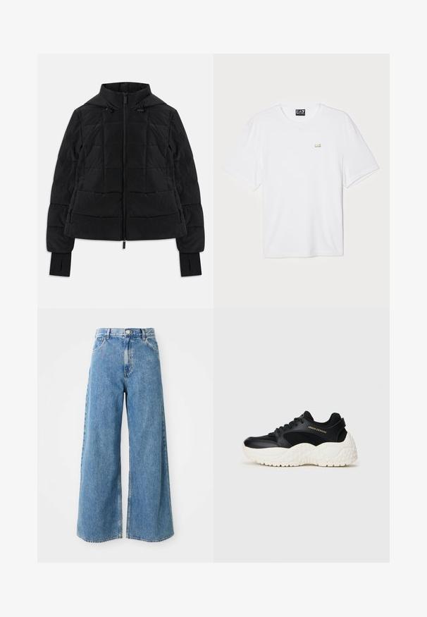 Must mustriga jakk kapuutsiga, esimeses tõmblukuga, reguleeritavad tõmblukud ja pikkade varrukate mansetid, millel on sõrmeauk.; Valge puuvillane t-särk lühikeste varrukatega, ümmarguse kaelusega, millel vasakul rinnal on väike kuldne EA7 logo.; Kõrge vöökohaga helesinised laiad denim püksid esise palgiga, lukuga ja esikottidega valgel taustal.; Mustriga ja valge Armani Exchangei sneaker, millel on võrkkangas ja nahk ülaosa, tüse valge tallaga ning kullast brändimine küljel ja keelel.