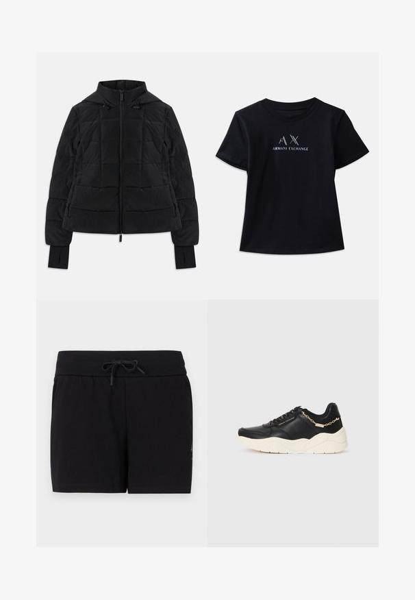 Černá prošívaná bunda s kapucí, předním zipem, nastavitelnými šňůrkami a manžetami s otvory na palce na dlouhých rukávech.; Černé tričko s krátkým rukávem a kulatým výstřihem. Na přední straně se nachází logo "AX" a text "ARMANI EXCHANGE" v kontrastní bílé barvě a kovových akcentem. Měkká látka.; Černé bavlněné šortky s elastickým pasem a stahovací šňůrkou. Vyznačují se čistým, jednoduchým designem a hladkou texturou.; Černé kožené tenisky se silnou krémovou podrážkou, zlatým řetízkovým akcentem a černými tkaničkami. Hladký povrch s embosovaným logem po straně.
