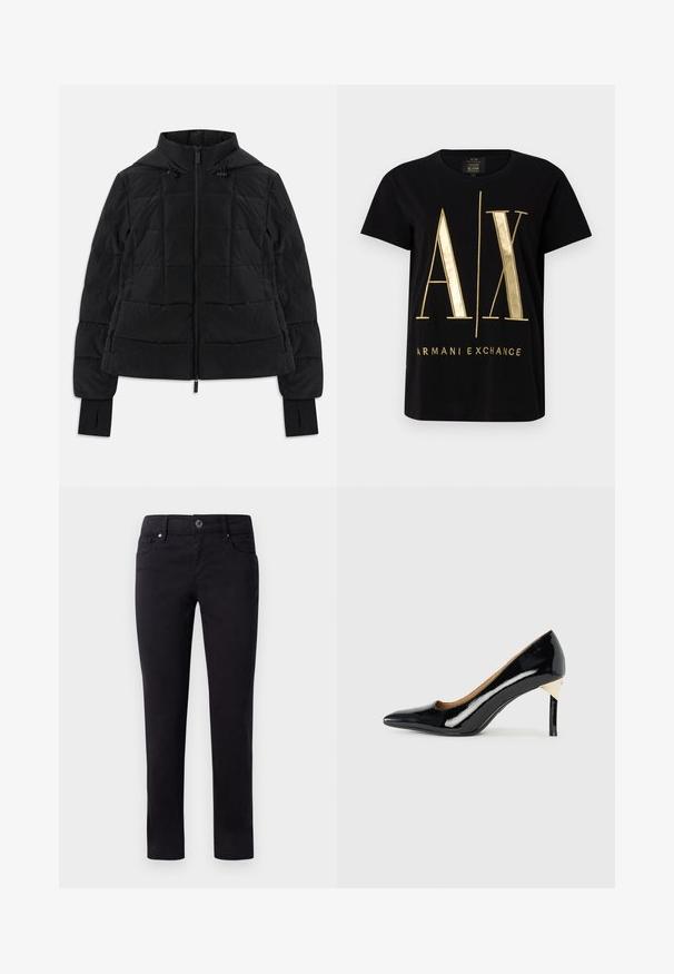 Chaqueta negra acolchada con capucha, cremallera frontal, cordones ajustables y puños con orificio para el pulgar en las mangas largas.; Camiseta de algodón negra con el destacado logo dorado "A/X" y el texto "ARMANI EXCHANGE", de manga corta, cuello redondo y textura suave.; Pantalones de algodón negros con un diseño de pierna recta, que cuentan con bolsillos delanteros y un cierre de botón en la cintura. Textura suave y sin patrones.; Zapato de tacón alto de charol negro con punta afilada y diseño recortado; presenta un elegante detalle en dorado en el tacón. Simple y elegante.