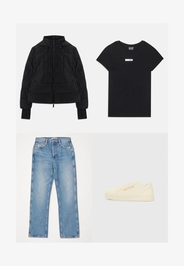 Črna prešita jakna s kapuco, sprednjim zadrgo, nastavljivimi vrvico in rokavi z odprtinami za prste.; Črna kratka majica z rokavi iz bombaža, z belim pravokotnim logotipom, označenim z "EA7", na prednjem delu prsnega koša.; RE/DONE HIGH RISE - Ravne kavbojke - worn blue; Kremasti slip-on športni copati z gladko teksturo, ki imajo izstopajoč logotip in minimalističen dizajn. Debel gumijast podplat za podporo.