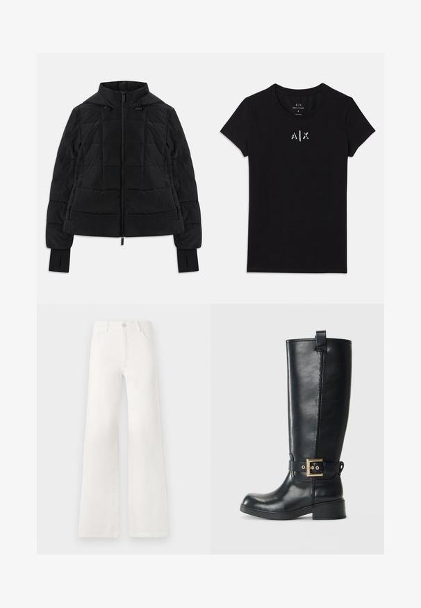 Must mustriga jakk kapuutsiga, esimeses tõmblukuga, reguleeritavad tõmblukud ja pikkade varrukate mansetid, millel on sõrmeauk.; Must räpasee lühikeste varrukatega Armani Exchange T-särk ümmarguse kaelusega ja väikese valge "A|X" logoga, mis on keskendatud rinnale.; Valged, kõrge vöökohaga laiad teksad, mis on valmistatud denimist. Omab nupuga sulgemist, kahte esimest taskut ja külgede õmbluste detailseid õmblusi.; Mustad muste nahast saapad, mis ulatuvad põlvedeni, madala plokk-kandaga, kaunistatud kullavärvi pihustiga ümbritsetud ja ülevalt tõmmitsaga.