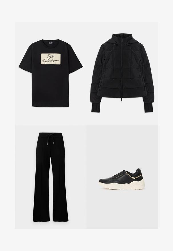 Geacă neagră matlasată cu glugă, fermoar frontal, șnururi ajustabile și manșete cu orificii pentru deget pe mânecile lungi.; Tricou din bumbac negru, cu un logo rectangular al brandului într-o nuanță de crem și text într-un stil scris de mână. Mâneci scurte și croială standard.; Pantaloni de trening negri, cu croială largă, talie cu șnur, detalii cu tăieturi laterale, material moale și un design elegant.; Pantofi sport din piele neagră cu o talpă groasă de nuanță crem, accent cu lanț de culoare aurie și șireturi negre. Textură netedă cu branding embosat pe lateral.