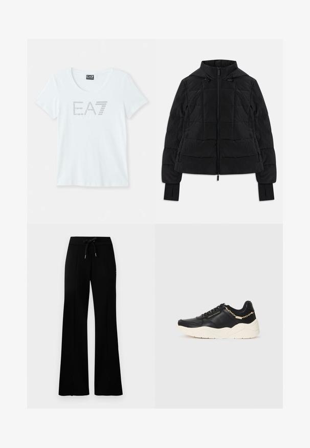 Juodas pūkuotas švarkas su kapišonu, priekinis užtrauktukas, reguliuojamos raišteliai ir pirštų angos ilguose rankovėse.; Balta trumpa rankovėmis marškinėliai su apvalia iškirpte, priekyje turi sidabrinį taškuotą "E.A7" logotipą. Pagaminti iš lengvos medvilnės medžiagos.; Juodi platūs sportiniai kelnių su raišteliu liemeniu, šoninėmis įpjovomis, minkšta medžiaga ir elegantiškas dizainas.; Juodos odinės sportinės batai su storu kreminiu padu, auksinės spalvos grandinėlės akcentu ir juodais raišteliais. Lygi tekstūra su iškilniu logotipu šone.