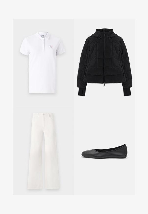 Juodas pūkuotas švarkas su kapišonu, priekinis užtrauktukas, reguliuojamos raišteliai ir pirštų angos ilguose rankovėse.; Balta polo marškinėliai, pagaminti iš medvilnės, su dviem mygtukais. Yra mažas spaudos logotipo pleistras kairiajame krūtinės šone ir trumpomis rankovėmis.; Balsviesti, aukštu liemeniu plačiakelnės džinsinės kelnės. Jos turi mygtukų užsegimą, dvi priekinės kišenes ir siūlams su siuvinėtojais.; Juodai odiniai baletai su apvaliu pirštu, lygi texture, minimalus siuvimo detales ir lanksčiu padų dizainu.