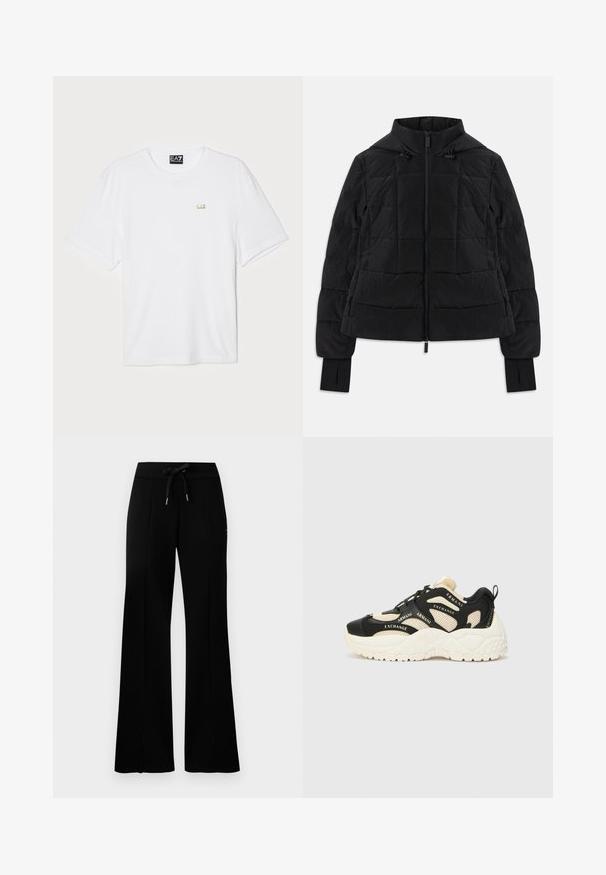 Czarna pikowana kurtka z kapturem, zamek błyskawiczny z przodu, regulowane sznurki oraz mankiety z otworami na kciuki na długich rękawach.; Biała bawełniana koszulka z krótkim rękawem, okrągłym dekoltem, z małym złotym logo EA7 na lewej piersi.; Czarne szerokie spodnie dresowe z elastycznym pasem typu drawstring, z bocznymi rozcięciami, wykonane z miękkiego materiału i o eleganckim fasonie.; Czarne i kremowe trampki z teksturowaną podeszwą, siateczkowymi panelami oraz akcentami z tekstem marki. Okrągły czubek i wkładana konstrukcja z sznurowadłami. Regulowany zapiętek.