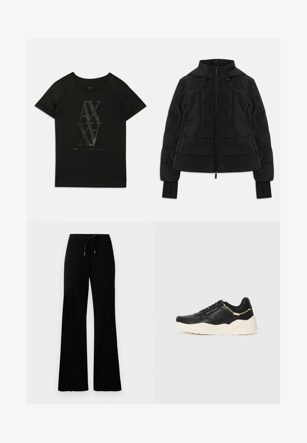 Chaqueta negra acolchada con capucha, cremallera frontal, cordones ajustables y puños con orificio para el pulgar en las mangas largas.; Camiseta de algodón negra con mangas cortas. Presenta una gran impresión brillante de "AX" y "Armani Exchange" en colores contrastantes en el centro.; Pantalones de chándal anchos y negros con cintura elástica y cordón, acentos de abertura lateral, tela suave y un diseño elegante.; Zapatilla de cuero negra con una suela gruesa en color crema, acento de cadena en tono dorado y cordones negros. Textura suave con un logotipo en relieve en el lateral.
