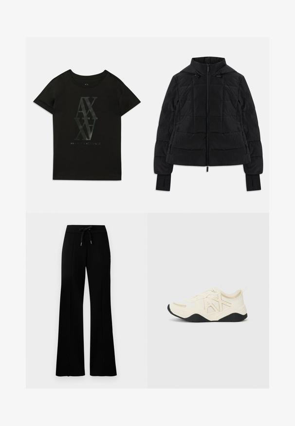 Mustapintainen tikattu takki hupun kanssa, etuvetoketju, säädettävät nyörit ja peukalonrei'illä varustetut pitkät hihat.; Mustan puuvillan t-paita lyhyillä hihoilla. Keskellä on suuri kiiltävä painatus "AX" ja "Armani Exchange" erivärisinä.; Mustat leveälahkeiset collegehousut, joissa on kiristysnauha vyötäröllä, sivuvetoketjut, pehmeä kangas ja tyylikäs muotoilu.; Valkoiset tennarit, joissa on teksturoitu päällinen, kultaiset yksityiskohdat ja logomalli. Varustettu mustalla pohjalla ja nauhakiinnityksellä tukevan istuvuuden takaamiseksi.