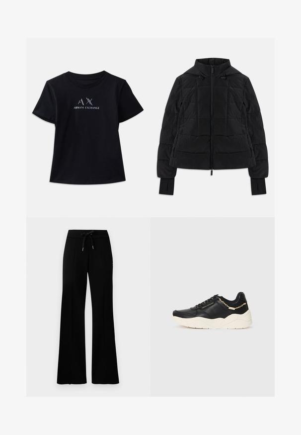 Must mustriga jakk kapuutsiga, esimeses tõmblukuga, reguleeritavad tõmblukud ja pikkade varrukate mansetid, millel on sõrmeauk.; Mustade lühikeste varrukatega T-särk ümmarguse kaelusega. Omab kontrastset valget ja metallik aktsendiga "AX" logo ning "ARMANI EXCHANGE" teksti. Pehme kangas.; Musthave laiad mustan värvi dressipüksid, millel on reguleeritav vöökoht, külgedel lõhikud, pehme kangas ja elegantne disain.; Must kivist sneaker, millel on paks kreemjas tall, kullatoonist ahelaktsent ja mustad paelad. Sujuv tekstuur ja külgedel embosseeritud bränding.