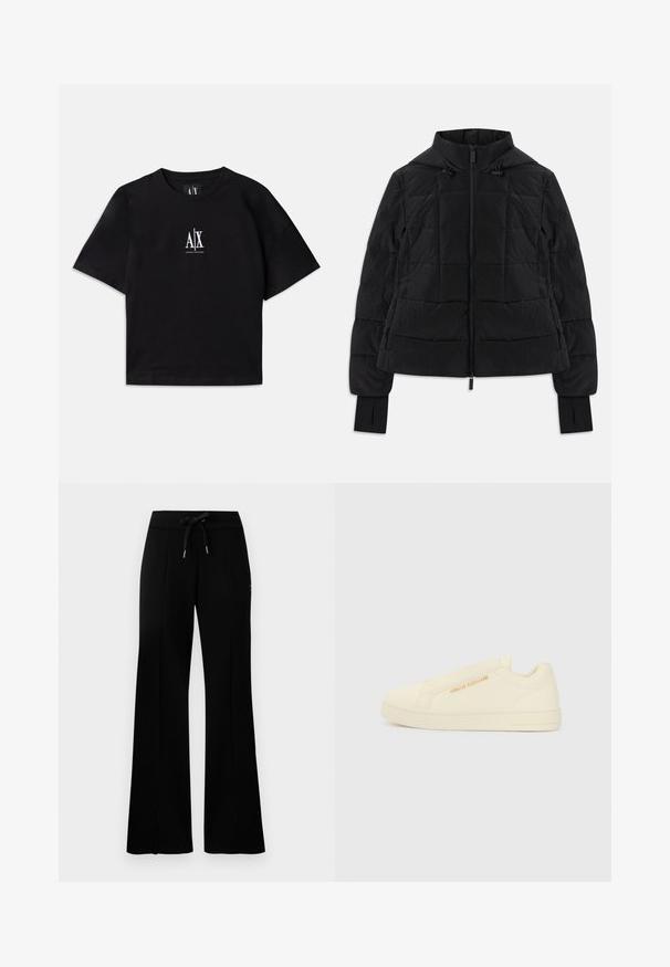 Crna jakna s preklopom, kapuljačom, prednjim patentnim zatvaračem, podesivim špagama i rukavima s otvorima za palčeve.; Crna pamučna majica kratkih rukava s okruglim izrezom. Ima bijeli logo u sredini grudi. Jednostavan, minimalistički dizajn.; Crne široke trenirke s remenom na vezanje, bočnim prorezima, mekanom tkaninom i elegantnim dizajnom.; Kremasti slip-on tenisice s glatkom teksturom, s istaknutim logotipom i minimalističkim dizajnom. Debeli gumeni potplat za potporu.