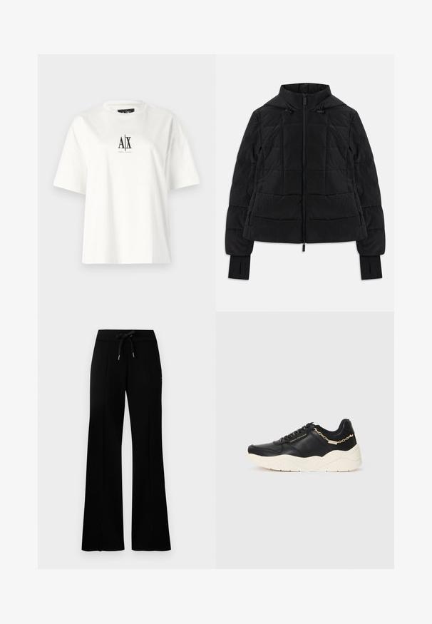 Svart quilted jakke med hette, frontlomme, justerbare snorer og tommelhull på lange ermer.; Hvit bomull t-skjorte med korte ermer, en løs passform og svart logo trykt midt på framsiden. Glatt tekstur, ingen ytterligere mønstre.; Svart vid bukse med snøring i midjen, sidelommer, myk stoff og et elegant design.; Svarte lærersneakers med en kraftig kremfarget såle, gullfarget kjedeaccent og svarte snøring. Glatt tekstur med preget merkevare på siden.