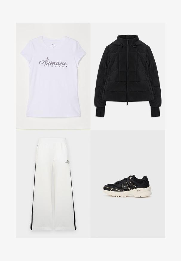 Must mustriga jakk kapuutsiga, esimeses tõmblukuga, reguleeritavad tõmblukud ja pikkade varrukate mansetid, millel on sõrmeauk.; Valge lühikeste varrukatega T-särk, mis on valmistatud puuvillast ning mille ees on mustast rhinestone'ist logo, millel on kirjas "Armani Exchange".; Valged laiad püksid elastse vöökoha ja mustade külgtriipudega, ees vasakul trükitud tekstiga. Sile kangatunne.; Mustad mustikas värvitooniga treenisuss, millel on võrgusilma paneelid, tekstuuriga lisad, paks valge tald ja kuldsed detailid külgedel, millel on "AX" logo.