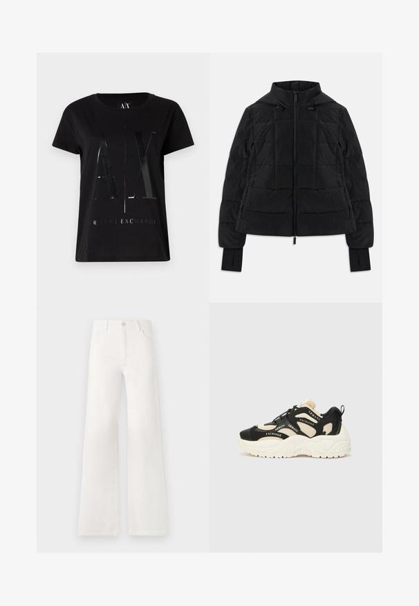 Sort quiltet jakke med hætte, frontlynlås, justerbare snore og tommelhulskanter på lange ærmer.; Sort bomulds t-shirt med korte ærmer, der har et glansfuldt, stort "AX" logo og teksten "ARMANI EXCHANGE" i midten.; Hvide, højtaljede bukser med bred ben lavet af denim. Har en knaplukning, to forlommer og sidesømme med syningsdetaljer.; Sorte og creme sneakers med en tekstureret sål, mesh-paneler og brandtekst-accenter. Rund tå og snørebåndsdesign. Justerbar hæltab.