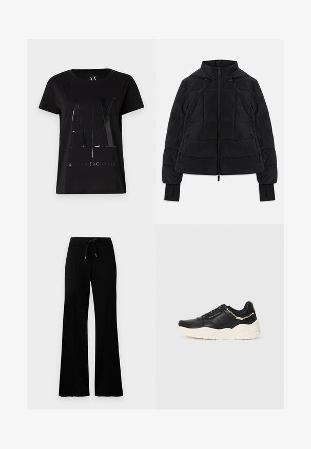 Črna prešita jakna s kapuco, sprednjim zadrgo, nastavljivimi vrvico in rokavi z odprtinami za prste.; Črna bombažna majica s kratkimi rokavi, ki v središču prikazuje sijoč, velik logotip "AX" in besedilo "ARMANI EXCHANGE".; Črne široke trenirke z elastičnim pasom na vrvico, stranskimi razporki, mehkega materiala in elegantnim dizajnom.; Črne usnjene teniske z debelim kremnim podplatom, zlatim verižnim detajlom in črnimi vezalkami. Gladka tekstura s sledečim logotipom na strani.