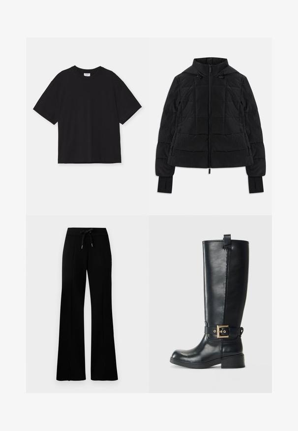 Crna jakna s preklopom, kapuljačom, prednjim patentnim zatvaračem, podesivim špagama i rukavima s otvorima za palčeve.; Crna majica kratkih rukava izrađena od pamuka. Ima opušteni kroj, okrugli izrez i bez vidljivih uzoraka ili ukrasa.; Crne široke trenirke s remenom na vezanje, bočnim prorezima, mekanom tkaninom i elegantnim dizajnom.; Crne čizme od kože do koljena s niskim blok petom, dekorativnim zlatnim remenom s kopčanjem oko gležnja i držačem na vrhu.