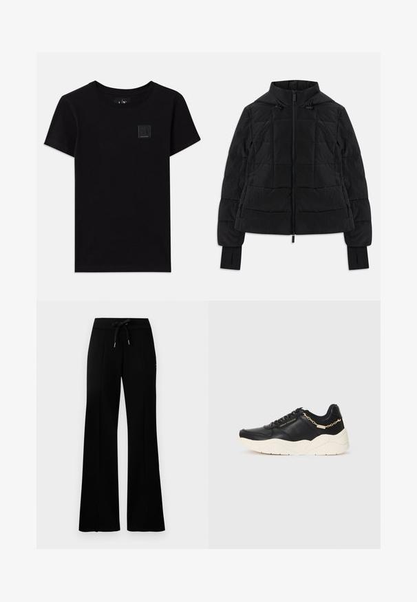 Schwarze gestepptejacke mit Kapuze, Frontreißverschluss, verstellbaren Kordeln und Daumenlöchern an den langen Ärmeln.; Schwarzes Baumwoll-T-Shirt mit rundem Halsausschnitt und kurzen Ärmeln. Auf der Vorderseite befindet sich ein kleines rechteckiges Logo-Label.; Schwarze, weit geschnittene Sweatpants mit einem Kordelzugbund, seitlichen Schlitzdetails, weichem Stoff und einem eleganten Design.; Schwarze Ledersneaker mit einer klobigen cremefarbenen Sohle, goldfarbenen Kettenakzenten und schwarzen Schnürsenkeln. Glatte Textur mit geprägtem Branding an der Seite.