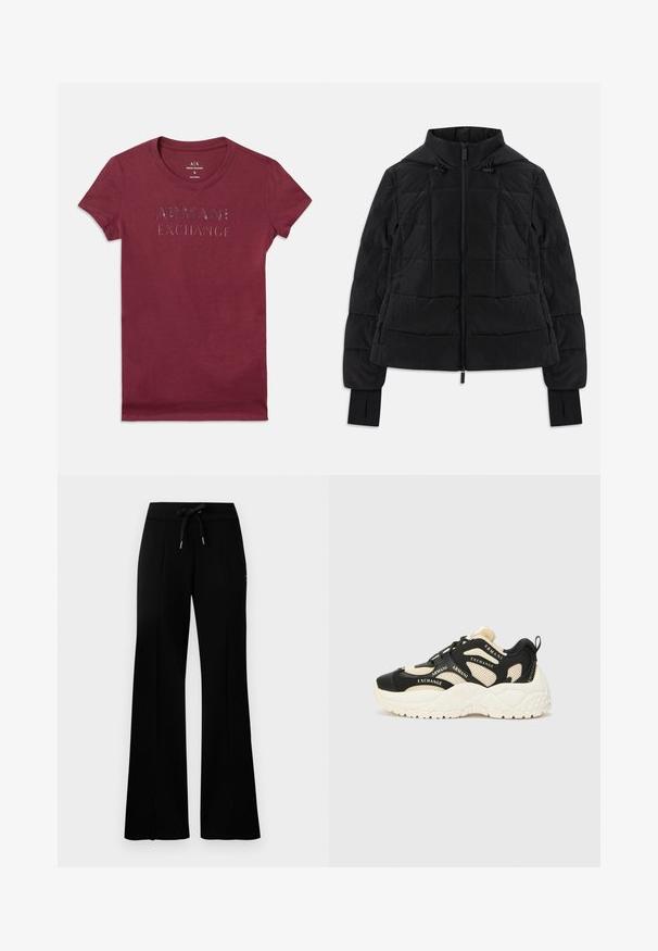 Melnā izšūtā jaka ar kapuci, priekšējo rāvējslēdzēju, regulējamiem aukliņiem un atverēm īkšķiem garajās piedurknēs.; Burgundijas īsajām piedurknēm pieguļošs T-krekls ar uzrakstu "ARMANI EXCHANGE" spīdīgās melnās burtiem, kas izvietots uz krūtīm.; Melnas platās svārku bikses ar sašūtu jostu, sānu iegriezumiem, mīkstu audumu un glītu dizainu.; Melna un krēma krāsas sporta apavi ar teksturētu zoli, sietu paneļiem un zīmola tekstu akcentiem. Apaļa purngala forma un šņorēšanas dizains. Regulējams papēža cilpa.