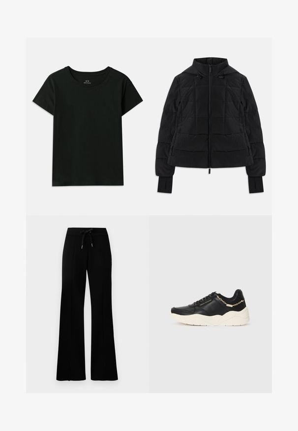 Black quilted jacket with hood, front zipper, adjustable drawstrings, and thumb-hole cuffs on long sleeves.; Black short-sleeve T-shirt made of cotton. Features a crew neck and embossed "Armani Exchange" text along the shoulder. Simple design.; Black wide-leg sweatpants with a drawstring waistband, side slit accents, soft fabric, and a sleek design.; Black leather sneaker featuring a chunky cream sole, gold-tone chain accent, and black laces. Smooth texture with embossed branding on the side.
