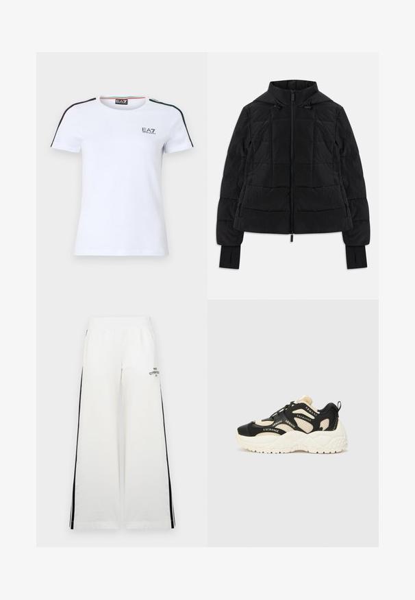 Melnā izšūtā jaka ar kapuci, priekšējo rāvējslēdzēju, regulējamiem aukliņiem un atverēm īkšķiem garajās piedurknēs.; Balta kokvilnas T-krekls ar īsām piedurknēm, uz pleciem ar kontrastējošām melnām un zaļām svītrām, un krūtīs neliels EA7 logo.; Baltas platais bikses ar elastīgu jostasvīru, ar melniem sānu svītrām un drukātu tekstu kreisajā priekšpusē. Gluda auduma tekstūra.; Melna un krēma krāsas sporta apavi ar teksturētu zoli, sietu paneļiem un zīmola tekstu akcentiem. Apaļa purngala forma un šņorēšanas dizains. Regulējams papēža cilpa.