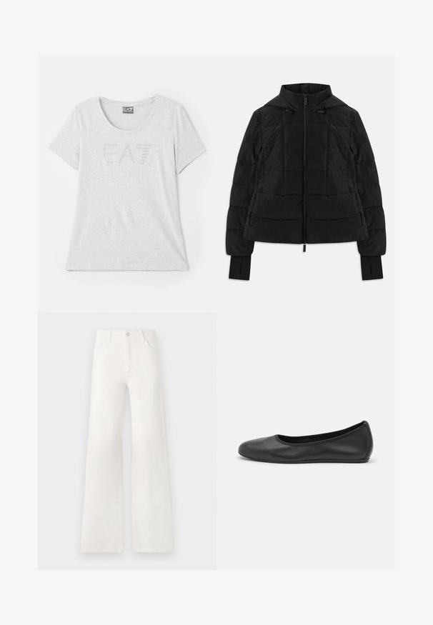 Črna prešita jakna s kapuco, sprednjim zadrgo, nastavljivimi vrvico in rokavi z odprtinami za prste.; Svetlo siva majica od mekog materijala, s okruglim izrezom i kratkim rukavima. Na prednjoj strani se nalazi suptilan EA7 logo od cirkona.; Bela, visoko pasovana široka obrtnica iz denima. Ima zaponko, dva sprednja žepa in stranske šive s podrobnostmi šivanja.; Črne usnjene balerinke z zaobljenim nosom, gladko teksturo, minimalnimi šivi in fleksibilno zasnovo podplata.