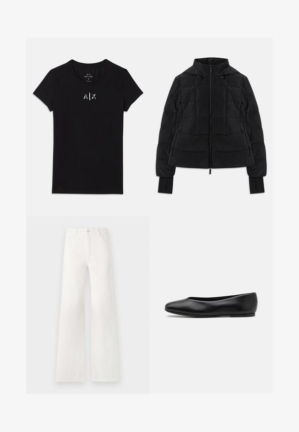 Black quilted jacket with hood, front zipper, adjustable drawstrings, and thumb-hole cuffs on long sleeves.; Black short-sleeve Armani Exchange T-shirt with round neckline and small white "A|X" logo centered on the chest.; White, high-waisted wide-leg jeans made of denim. Features a button closure, two front pockets, and side seams with stitching details.; Paul Smith TOPANGA - Ballet pumps - black