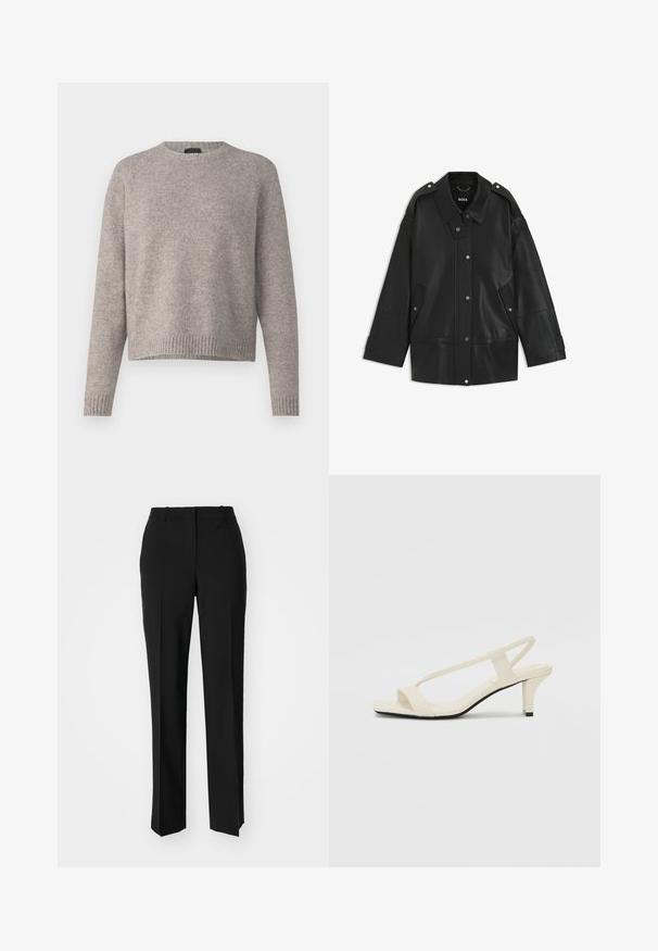 Black leather jacket featuring a wide collar, snap button closure, and side pockets. Details include shoulder epaulettes and visible stitching.; Light gray knit sweater with a round neckline, long raglan sleeves, and ribbed hem. Soft texture and relaxed fit.; Black tailored trousers with a straight-leg design, featuring a smooth texture and crisp creases along the front. No visible hardware.; Beige block-heeled sandals with thin straps and a square toe. Smooth material with minimal detailing, designed for easy wear.