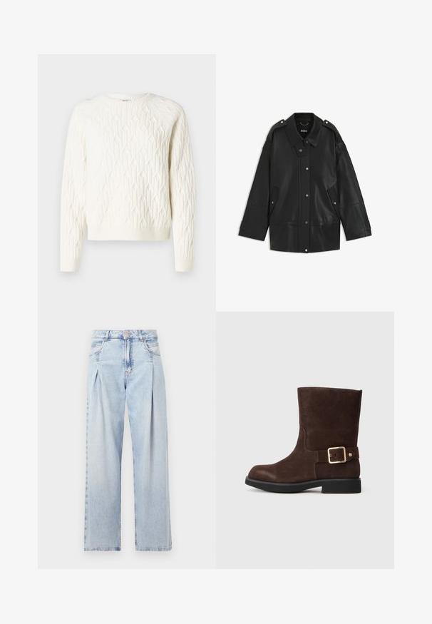 Zwarte leren jack met een brede kraag, drukknoopsluiting en zijvakken. Details zijn onder andere schouderepauletten en zichtbare stiksels.; Witte gebreide trui met een gestructureerd diamantpatroon, ronde halslijn en geribbelde mouwen en zoom. Zacht materiaal met een gezellige uitstraling.; Lichtblauwe denim jeans met een hoge taille, wijde pijpen, twee zijzakken en geplooid ontwerp. Zachte textuur met een vervaagd uiterlijk.; Bruine suède enkellaars met een ronde neus, platte zwarte zool en gouden gespaccent aan de zijkant. Gladde textuur en eenvoudig ontwerp.