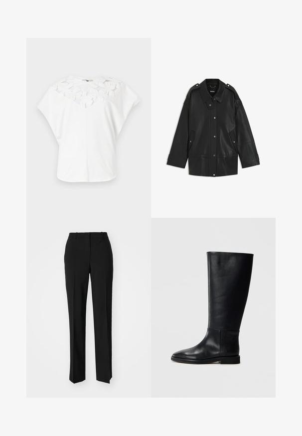 Sort læderjakke med bred krave, trykknaplukning og sidelommer. Detaljerne inkluderer skulderbetræk og synlige sømme.; Hvid t-shirt med en rund halsudskæring, prydet med lagdelte blomsterapplikationer på brystet, korte ærmer og en afslappet pasform.; Sorte skræddersyede bukser med lige ben-design, der har en glat tekstur og skarpe folder langs fronten. Ingen synlige hardware.; Sorte læderknæhigh støvler med rund tå, glat tekstur, minimalistisk design og flad sål. Enkle sømdetaljer på skaftet.