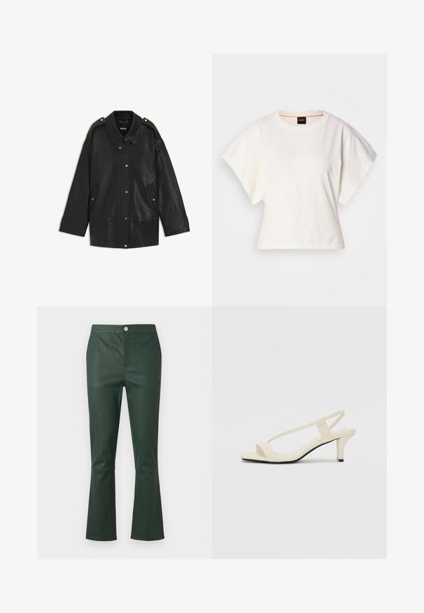 Zwarte leren jack met een brede kraag, drukknoopsluiting en zijvakken. Details zijn onder andere schouderepauletten en zichtbare stiksels.; Witte gecropte T-shirt, korte brede mouwen, zachte katoenmaterialen, ronde halslijn met subtiele oranje rand, minimalistisch ontwerp, geen patronen of graphics.; Donkergroene leren flare-pantalons met een hoge taille, voorzien van een voorzak en een metalen knoopsluiting. Gladde textuur, geen patronen.; Beige blockhak sandalen met dunne bandjes en een vierkante neus. Glad materiaal met minimale details, ontworpen voor eenvoudig dragen.