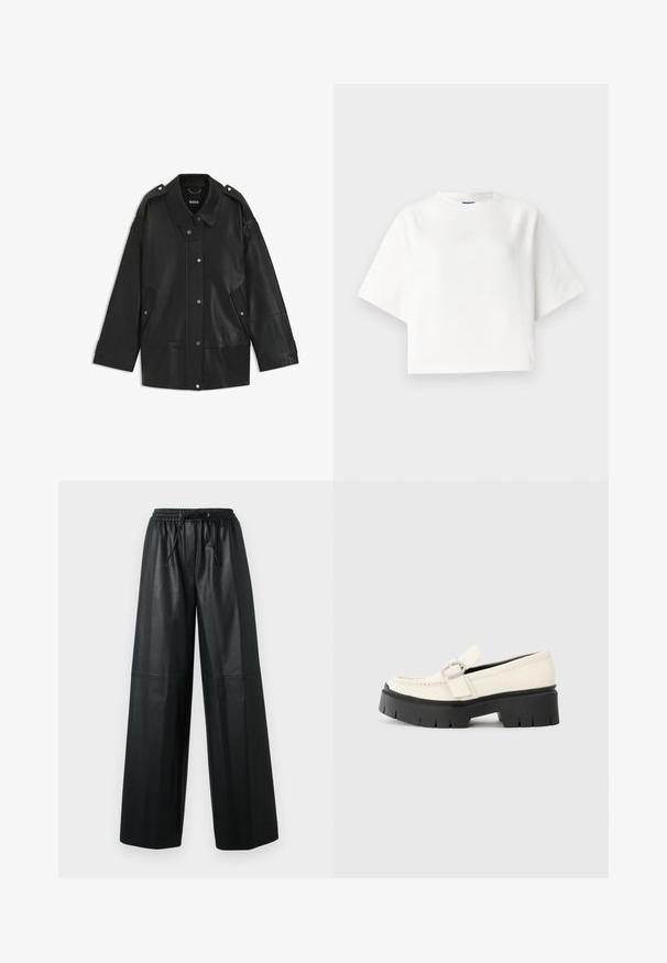 Svart läderjacka med en bred krage, tryckknappsstängning och sidofickor. Detaljer inkluderar axelremmar och synlig sömnad.; Vit oversized t-shirt med korta raglanärmar, tillverkad av mjukt tyg. Har en subtil logga på bröstet och en rund halsringning.; Svarta läderbyxor med vida ben, elastisk midja, snörningsdetalj och slät textur. Har sömdekorationer framme.; Vit läder loafför med en kraftig svart platåsoffa, som har ett rektangulärt silverspänne och synlig sömdekoration på ovansidan.