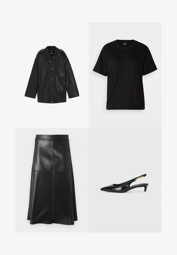 Sort læderjakke med bred krave, trykknaplukning og sidelommer. Detaljerne inkluderer skulderbetræk og synlige sømme.; Sort bomulds t-shirt med rund halsudskæring, korte ærmer og et broderet logo på brystet. Enkel, afslappet pasform uden mønstre.; Sort læder A-line nederdel med en glat tekstur, der har lodrette sømdetaljer og en talje. Kanten falder lige under knæet.; Sorte læder slingback hæle med spids tå, der har en slank hæl og en guldfarvet detalje på den justerbare rem. Glat tekstur.