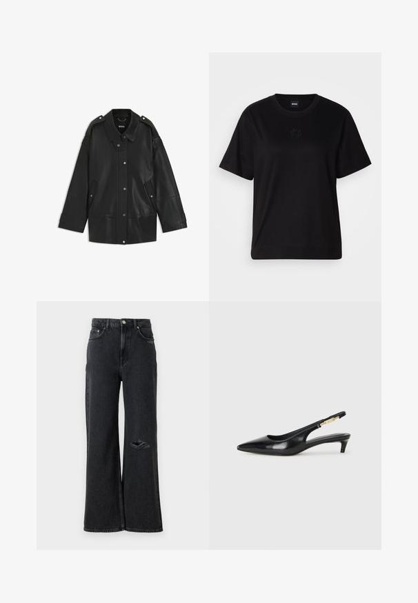 Musta nahkatakki, jossa on leveä kaulus, nepparikiinnitys ja sivutaskut. Yksityiskohtia ovat olkaepauletit ja näkyvät tikkauskohdat.; Musta puuvillapaita, jossa on pyöreä kaula-aukko, lyhyet hihat ja brodeerattu logo rinnassa. Yksinkertainen, rento istuvuus ilman kuvioita.; Laaja lahje mustat farkut korkealla vyötäröllä, joissa on revitty haava vasemmassa polvessa ja klassiset metallinapit sekä niitit.; Mustat nahkaiset slingback-korkokengät, joissa on terävä kärki, ohuet korot ja kultasävytteinen yksityiskohta säädettävässä hihnassa. Silkkinen pinta.