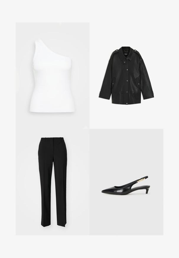 Sort læderjakke med bred krave, trykknaplukning og sidelommer. Detaljerne inkluderer skulderbetræk og synlige sømme.; Hvid top med en skulder lavet af ribbet stof. Har en tætsiddende form og glat tekstur med et rent, minimalistisk design.; Sorte skræddersyede bukser med lige ben-design, der har en glat tekstur og skarpe folder langs fronten. Ingen synlige hardware.; Sorte læder slingback hæle med spids tå, der har en slank hæl og en guldfarvet detalje på den justerbare rem. Glat tekstur.